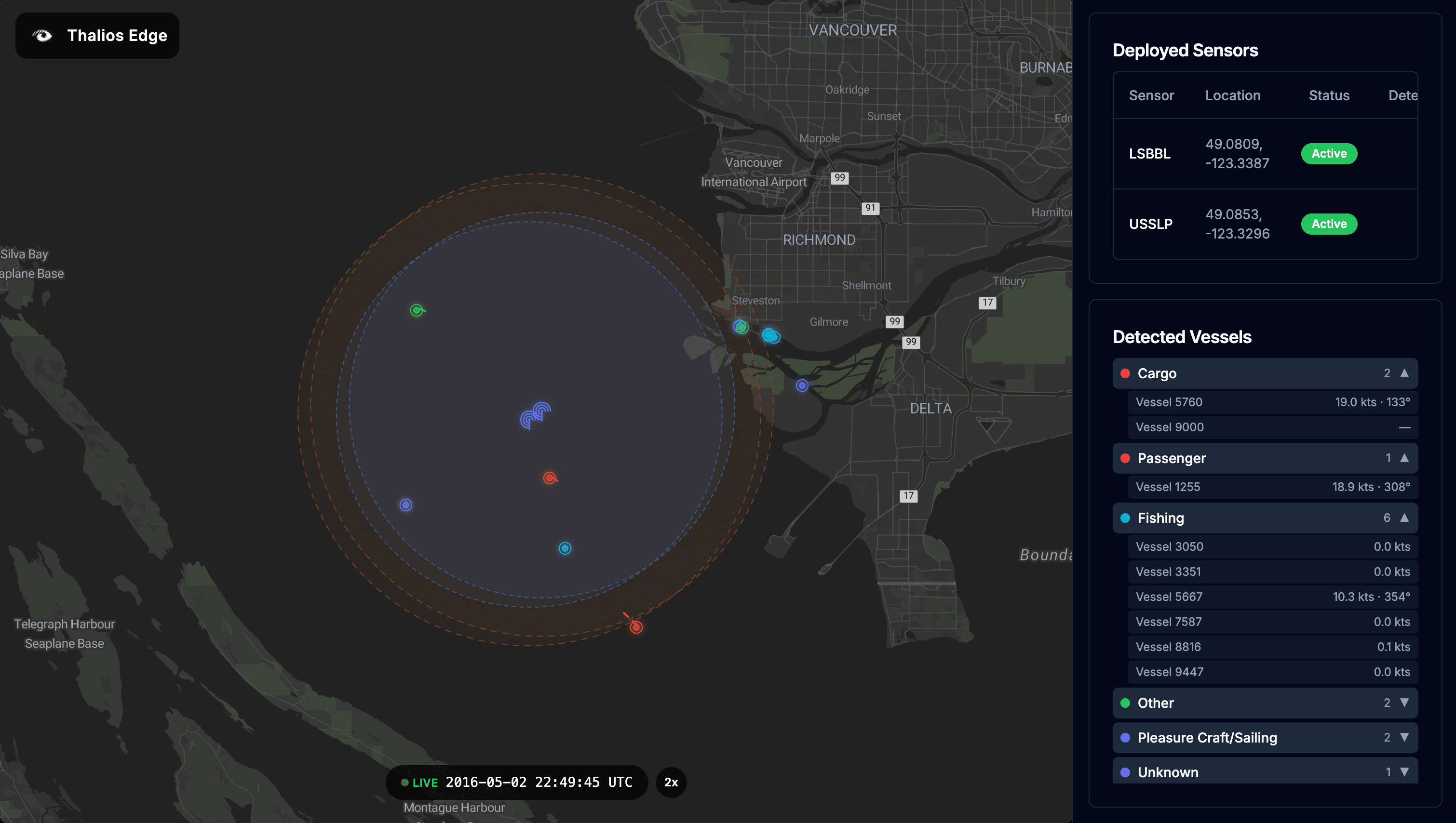 Thalios dashboard showing acoustic detection and tracking
